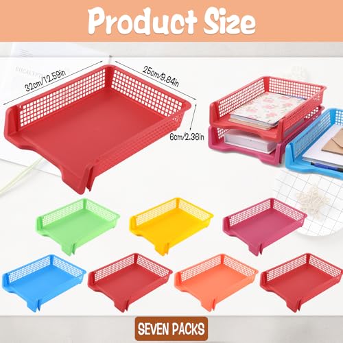 7 Pack Colorful Turn in Trays Classroom Plastic Stackable Paper Tray Teacher Office Files Document Storage Playroom Organization for Office Home Teachers Organization Storage, 9 x 13 x 3 Inches