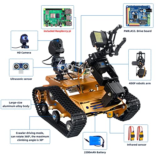Raspberry Pi Smart WiFi Robot Car Kit, with 2DOF Hd Camera 4DOF Robotic Arm Tank Chassis Kit, Remote Control Programmable AI Vehicle Toy Controlled by Android/iOS App PC - color: With Raspberry Pi 4b(4gb)