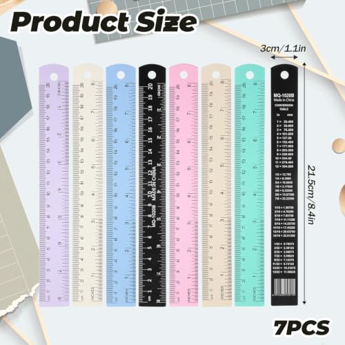 7 Pack Metal Ruler 8 Inch, Stainless Steel Ruler Kit with Centimeters, Millimeters, Inches and Conversion Table for Office and School, Easy to Read Metric Rule Set