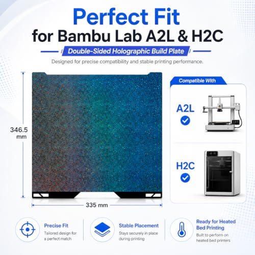 H2C Build Plate for Bambu Lab H2C A2L 3D Printer, Double Sided Smooth Holographic Build Plate, Flexible Spring Steel Sheet Heated Bed Platform, Easy Release, High Temp Resistant, 335×346.5mm