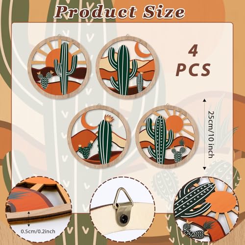 HPNIUB Boho Cactus Wall Decor, Rustic Desert Tropical Botanical Hanging Wood Sign for Living Room, Round Southwest Plant Wooden Plaque, Sun and Moon Wall Art for Apartment Office(10''x10'') - color: Boho desert&cactus