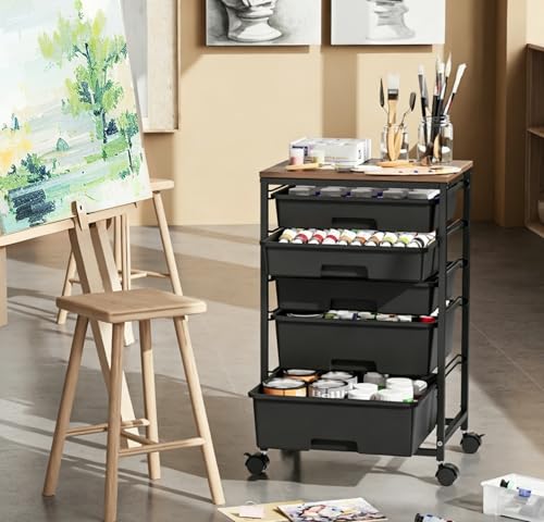 SYKIARIOL 5-Tier Rolling Cart with Drawers with Wooden Top, Black - color: Black
