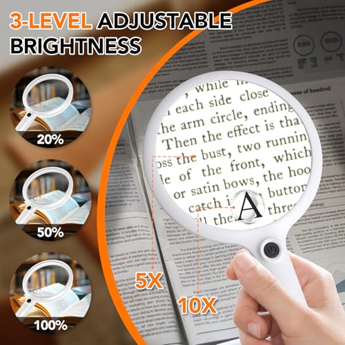 2000mah Rechargeable Handheld Magnifying Glass with 24 LED Lights, 5X 10x Reading Magnifier Large 5 inch Lens, 3 Light Modes for Seniors Reading, Inspection (White) - color: White
