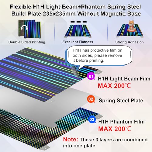 IdeaFormer-3D H1H Smooth Build Plate for Creality K1C/K1/SE/Ender 3 V3 SE/Ender 3 V3 KE/Ender 3 S1/Pro/Ender 5 S1, Flexible Double Sided Light Beam+Phantom H1H Effect Sheet No Magnetic Plate 235x235mm - color: Light Beam+Phantom H1H