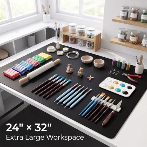 Large Silicone Craft Mat for Crafts with 10PCS Clay Sculpting Tools, 24 x 32 Inch (61 x 82 CM), 1.2MM Heat Resistant Table Protector for Polymer Clay, Pottery, Ceramic, Nail Art & DIY Crafts