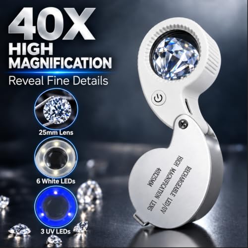 40X Rechargeable Jewelers Loupe with LED & UV Light - color: 6 White + 3 Uv Leds