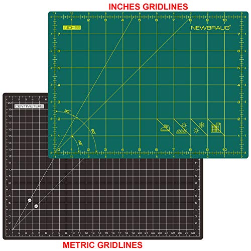 NEWBRAUG 9'' × 12'' Professional Self Healing Cutting Double Sided 5-Ply Mat, Best Gridded Rotary Cutting Board for Quilting, Sewing, Craft, Fabric & Scrapbooking (Green/Black) - size: 12"L x 9"W