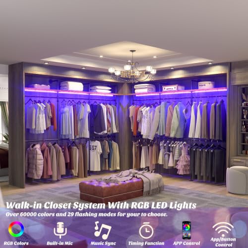 Aheaplus Industrial Pipe Clothing Rack, 118.3'' Closet System with RGB LED - color: Rustic Brown, size: III-Large