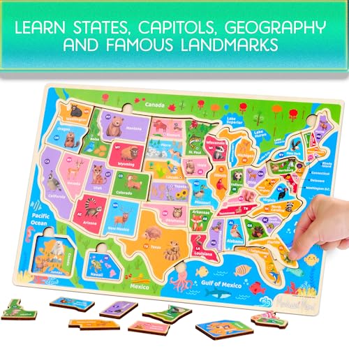 Montessori Mama Wooden Puzzles for Kids Ages 4-6, USA States and Capitols, World Continents and Oceans, Combo Set 2 Toddler Puzzles