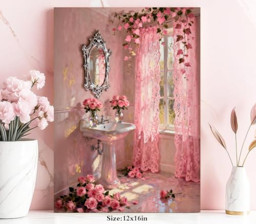 Pink Flowers Bathroom Decor Canvas Wall Art,Vintage Pink Bathroom Wall Art - color: Pink Flowers Theme Bathroom Canvas Wall Art