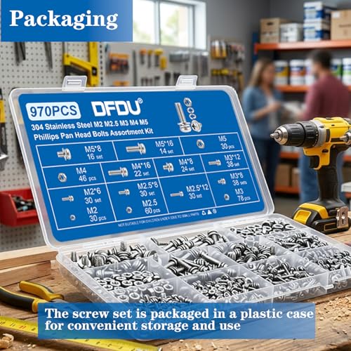 970PCS M2M2.5M3M4M5 Phillips Pan Head Bolts and Nuts Assortment Kit - size: SS M2M2.5M3M4M5 970PCS