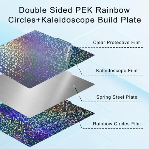 IdeaFormer-3D Smooth Rainbow Circles+Kaleidoscope PEK Build Plate for Bambu Lab X2D/X1/X1C/X1E/P1P/P1S/P2S/A1, Flexible X2D P1S P2S PEK Spring Steel Bed Plate for Bambu Labs 257x257mm 3D Printers - color: Smooth PEK