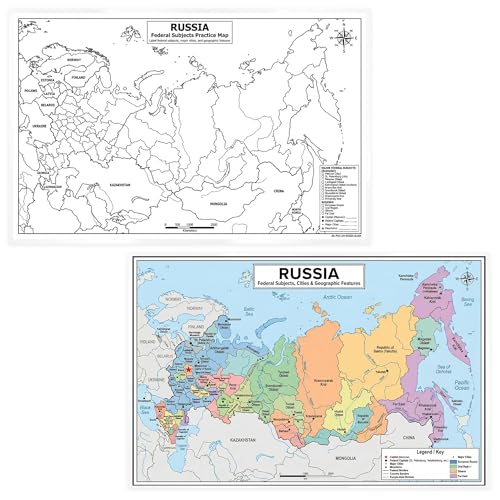 Russia Map Poster 11x17 | Laminated Double-Sided Geography Chart with Color Map Front & Blank Outline Back | Reusable Classroom & Homeschool Learning Tool - color: Russia