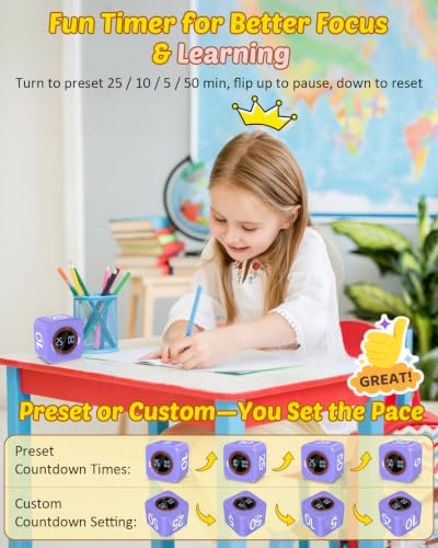 Digital Pomodoro Timer Cube 5/10/25/50min Preset, Silent & Sound Alarm - color: Purple