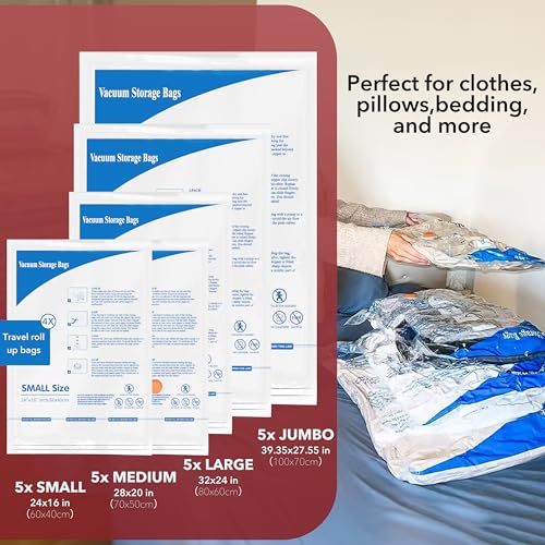 Vacuum Seal Bags for Clothing Travel & Home Storage, travel vacuum bags with pump, Store Blankets, Comforters, Pillows, Seasonal Clothes Compactly,24 Pack With Electric Pump
