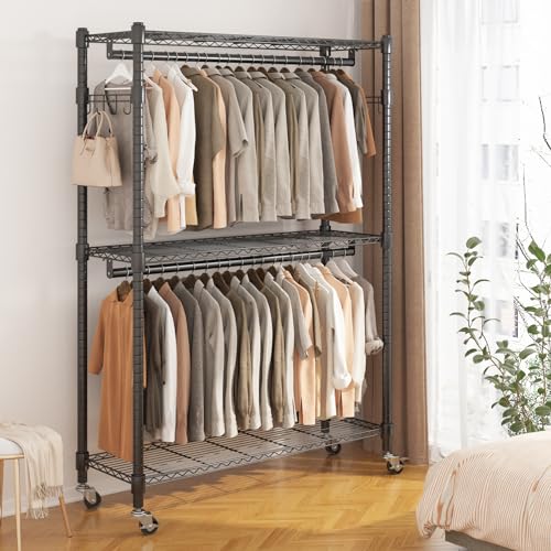 BATHWA Heavy Duty Rolling Clothes Rack with Wheels, 640 lb Hanger Rack & Garment Rack, 25mm Metal Freestanding Portable Closet, 2 Rods + Adjustable Shelves for Hanging Clothes - color: Black, size: Large