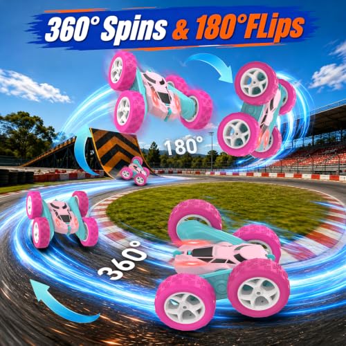 Hamdol Pink Remote Control Car for Girls, 360° Flipping Stunt Car with LED Headlights, Rechargeable 4WD Electric Toy Vehicle, Princess Gift for 6 7 8 9 10 11 Year Old Girls, Birthday & Christmas Toy - color: Pink, size: Standard (Headlights)