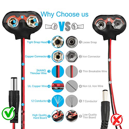CHANZON 9v Battery Clip with 2.1x5.5mm Female DC Connector T-Type with Leather Housing and Lead Wire Pack of 5pcs kit for Arduino LED Strip - color: 6)T-type Male Leather 5pcs