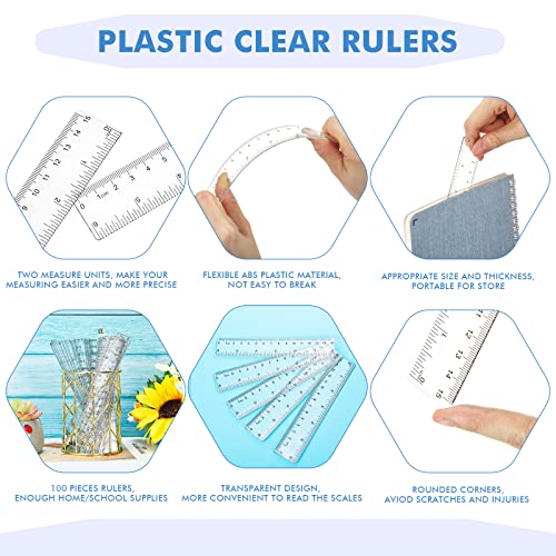 Zonon 200 Pcs 6 Inch Plastic Rulers Bulk Flexible Dual Clear - color: Clear