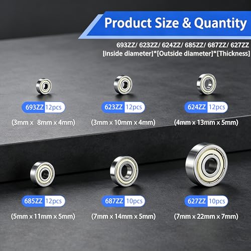 Dianrui 68 PCS 693ZZ/ 623ZZ/ 624ZZ/ 685ZZ/ 687ZZ/ 627ZZ Ball Bearings Assortment Kit, Small Bearings Carbon Steel Deep Groove Bearing, for Furniture Wheel, Roller Skates, 3D Printing and ect —6 Size - size: 693ZZ/623ZZ/624ZZ/685ZZ/687ZZ/627ZZ-68PCS