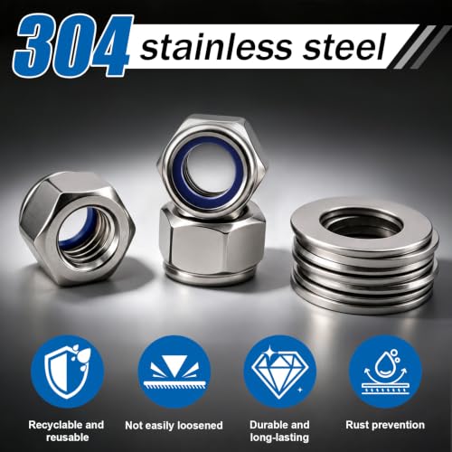 M6-1.0 Lock Nut 350Pcs Stainless Steel Nylock Locking Nuts with Washer - size: locknuts-M6 350pcs