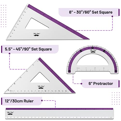Mr. Pen- Metal Geometry Kit, 4 Pack, 45° & 30°/60° Set Squares - color: Purple Stripes