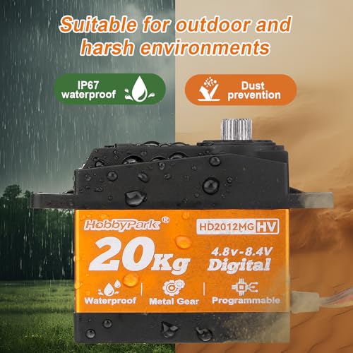 HobbyPark Pack of 2 20KG Servo Waterproof RC Steering Servo All Metal Gears Standard Digital Servos for 1/10 1/12 RC Cars Crawlers Trucks Robot DIY Control Angle 180°, 0.09sec 5.0v-8.4v HV