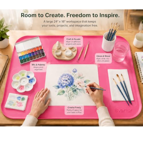 Silicone Art Mat 24" x 16" with Raised Edge, Roll-Up Design with Storage Strap, Multi-Purpose Desk & Table Protector Silicone Craft Mat for Crafts, Painting & DIY, Hot Pink - color: Hot Pink