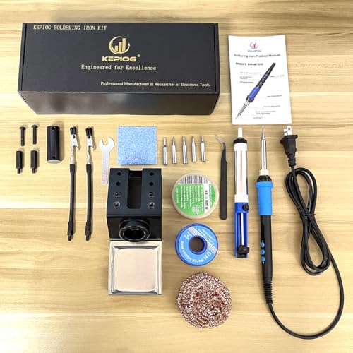 Soldering Iron Kit, 100W High Power LCD Soldering Iron, 2 Helping Hands Soldering, Flux, Iron Tips, Tin Wires, Solder Sucker, Tweezers. °C/℉ Conversion, Auto Sleep,Temperature Calibration - color: Blue (11-in-1 Soldering Iron Kit)