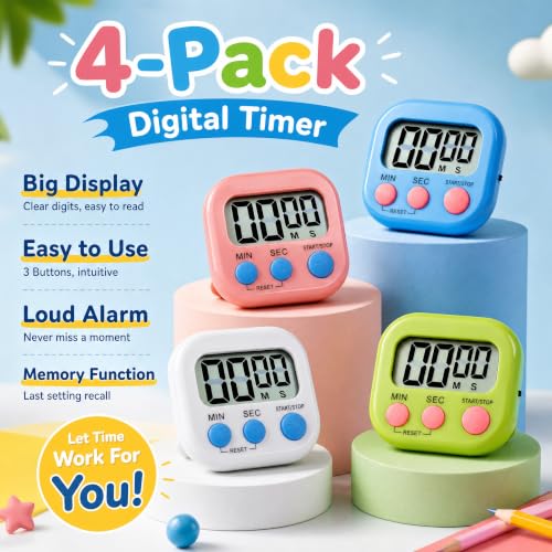 Antonki 4 Pack Digital Timer for Kids, Kitchen Timer for Cooking, Classroom, Study, Exercise with Countdown/Up Mode - Loud Alarm, Large Display - AAA Battery Operated (Not Included)