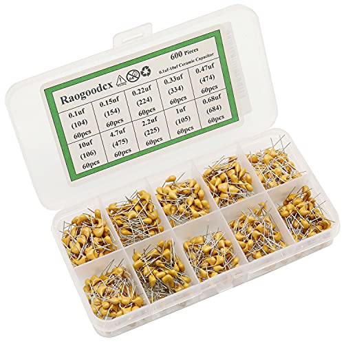 600Pcs 10Value Ceramic Capacitor Assortment Kit 0.1uf-10uf 50V DIP Monolithic Multilayer Chip Capacitors for Hobby Electronics, Audio-Video Project Electronic Repair