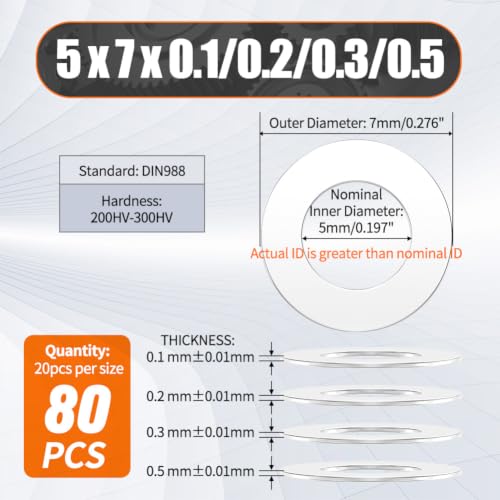 Shim Washer 5 x 7 Precision Spacers Kit 80 Pcs 0.1/0.2/0.3/0.5mm Thick - size: 5 x 7 x 0.1/0.2/0.3/0.5mm