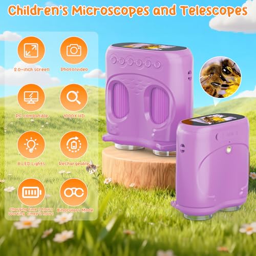 2-in-1 Kids Microscope Telescope, Temodu 2.0" 1000X Digital Microscope for Kids, HD Portable Education Telescope for Kids Birthday Festival Gift, Science Fun Toys for Children Age 4-12 (Purple) - color: Purple