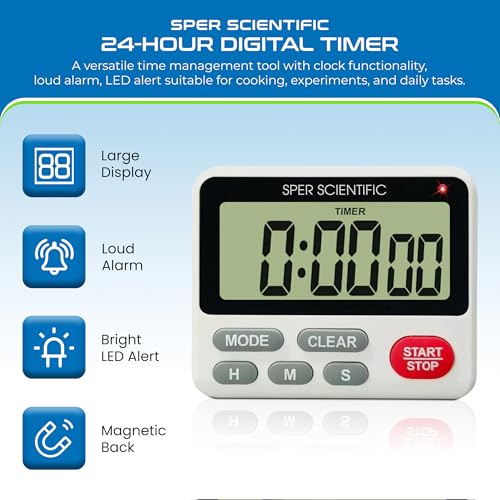 Sper Scientific 24-Hour Digital Lab + Kitchen Timer with LED Light 810001 - Precision Countdown Timer with Large Display, Loud Alarm & Clock Mode - for Cooking, Lab Experiments & More - 2 pc - size: 2 Pack