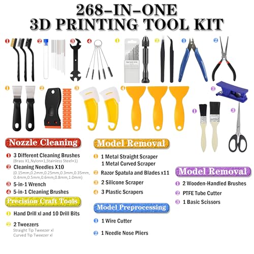 268-Piece 3D Printer Tool Kit with Oxford Storage Bag, Nozzle Cleaning, Support Removal, Trimming, Sanding & Model Finishing Tools