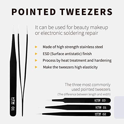 HengTianMei 7Pcs Precision Micro Tweezers Set, Anti-Static Stainless Steel, 3 Sharp Pointed Tweezers, 2 Curved Tweezer, 2 Serrated Tweezer for Eyelash Extensions, Craft, Jewelry, Soldering,Electronics - size: 7PCS