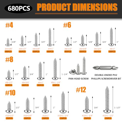 Dianrui 680 PCS 304 Stainless Steel Screws, #4#6#8#10#12 Wood Screws Assortment Kit, Assorted Sheet Metal Screws, Phillips Pan Head Assorted Sheet Metal Screws Marine Grade Length 3/8”to 1-1/2” - color: Silver, size: 680PCS #4-#12