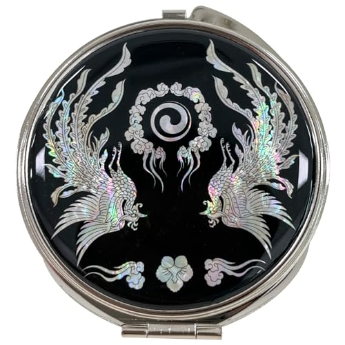 Portable Makeup Compact Double Magnifying Mirror Cosmestic Foldable Pocket Style Unique Mother of Pearl Design (Phoenix) - color: Phoenix