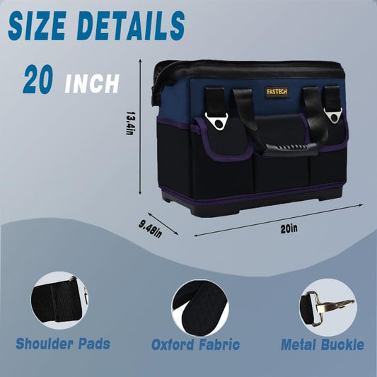 FASTECH 20in Heavy Duty Bottom Tool Bag With Wide Mouth For Tool Storage, Carrier and Organizer, Tote Bag For Men/Women, Wide Mouth Tools Bag With Inside Pockets (20 Inch) - size: 20IN Bottom