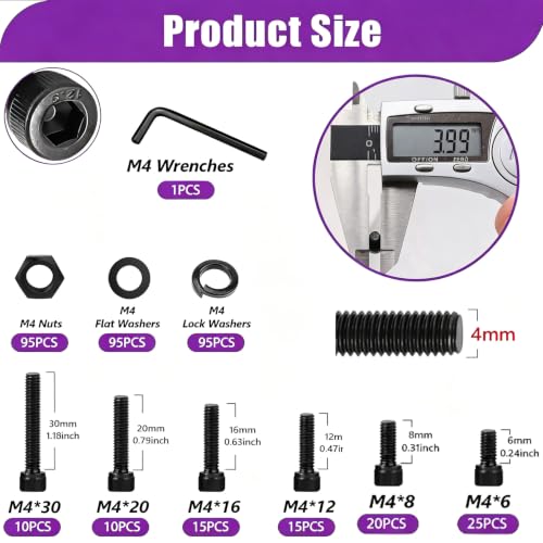 Taiss 380PCS M4 Screw Kit M4x6/8/12/16/20/30mm 6 Size Hex Socket Head Cap Screws,M4 Bolts and Nuts & Washers Assortment with Hex Wrench 12.9 Grade Alloy Steel Black Zinc Plated Small Metric Screws - color: BK 380PCS M4 Kit