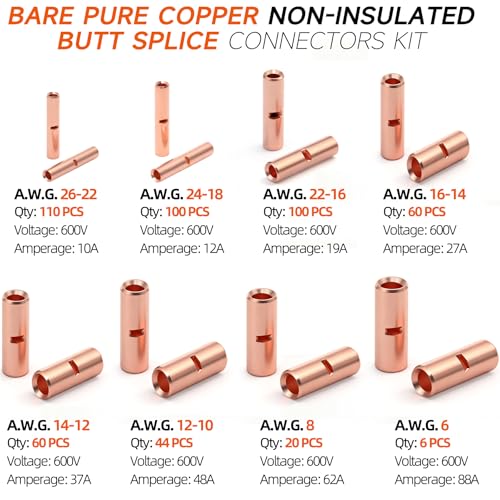 SVAAR 500PCS 26-6 Gauge Non-Insulated Butt Connectors Crimp Butt Splice Wire Connectors Kit, Heavy Duty Seamless Barrel Bare Pure Copper Butt Splice Terminals, Uninsulated Crimp Splice Connector Kit - color: Non-Insulated Splice - Bare Copper