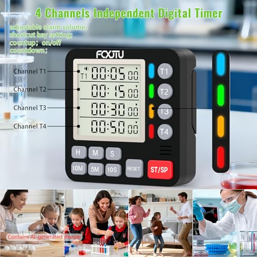 Digital Dual Kitchen Timer, 4-Channel Magnetic Countdown Timer for Cooking - color: Black