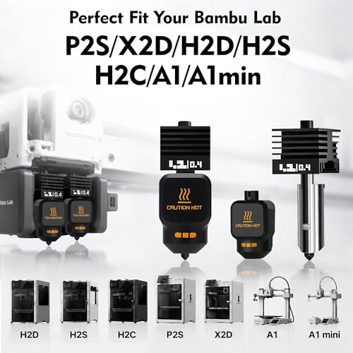 P2S Nozzle for Bambu Lab, 2PCS 0.4MM Hotend for H2D/H2S/P2S/H2C/X2D/A1/A2L/A1 Mini, Quick Swap High Temp Hardened Steel Hot End Replacement, 3D Printer Accessories with Silicone Sock - style: 2PK 0.4+0.4MM
