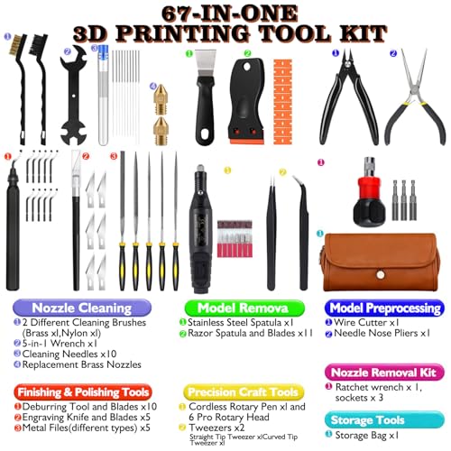 67pcs 3D Printer Tools Kit,3D Printer Accessories for All FDM/SLA Printers Includes Nozzle Cleaning, Removal Scrapers, Finishing Tools, 5 Types of Files,Brushes, Wire Cutter, Engraving Knife
