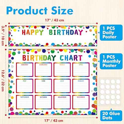 2 PCS Classroom Birthday Chart With 20 Glue Dots, Reusable Happy Birthday Poster, Confetti Classroom Decoration, Dry Erase Birthday Wall Calendar, Laminated Bulletin Board Decor School Supplies - color: Classroom Birthday Chart(polka dot)-B