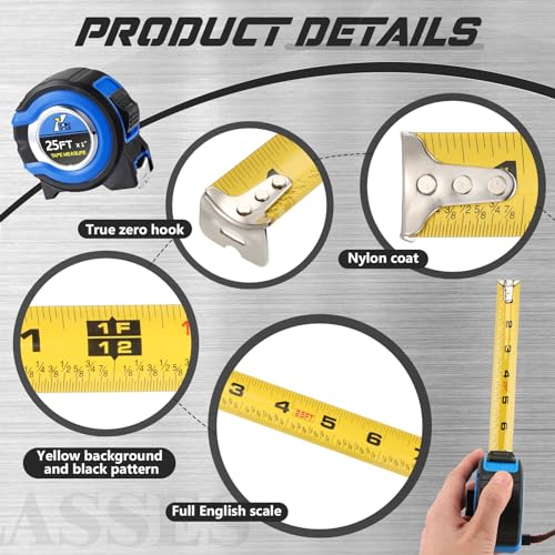 Youyole 5 Pack Tape Measure Fractions 1/8 Steel Blade,25 Ft X 1 in,Blue - size: 25 ft X 1 in