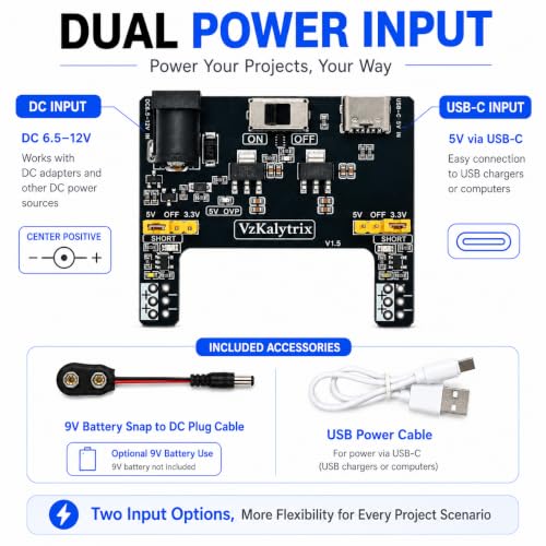 Breadboard Power Supply Module, 5V/3.3V Dual Output, USB-C & DC Input, Compatible with Arduino Raspberry Pi ESP32