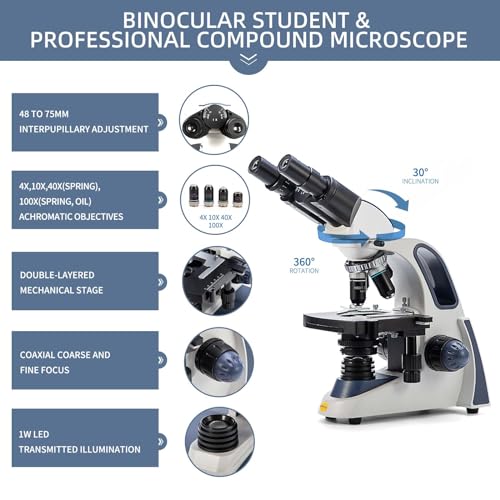 SWIFT SW380B Compound Binocular Microscope 40X-2500X, with 5MP USB Camera,Microscope Lens Adapter and 100 PCS Slide Kit - style: C) w/ 5.1MP Camera+Phone Adapter