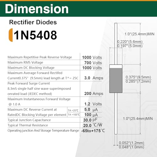 80PCS 1N5408 Rectifier Diodes, 3A 1000V General Purpose Power Diodes - size: 1N5408