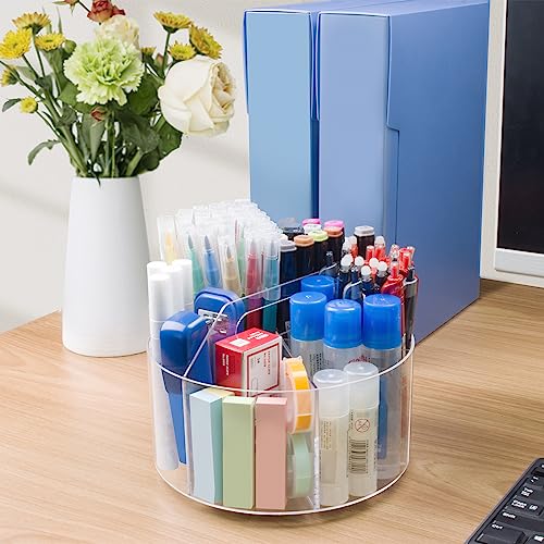 Mefirt Rotating Marker Organizer, 2 Pack Acrylic Pen Holder, 360° Rotating Pen Organizer, Acrylic Desk Office Organizer with 6 Compartments for Markers Pens Pencils Crayons, Home School Office, Clear - style: Clear-Large 2 PACK